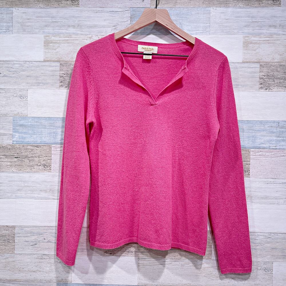Peck & Peck 100% Cashmere Split Neck Pullover Sweater Pink Casual Womens Medium